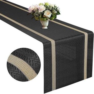 OEM Camino De Mesa De Vinilo Tejido Negro Con Hilo Dorado, 72 X 12 Pulgadas, Resistente Al Calor Y Al Agua