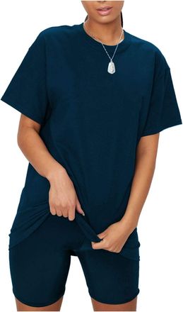 Janisramone Womens Ladies New Plain Baggy Longline T-Shirt PJ Dress Cycling Shorts 2 Pcs Set Summer Lounge Wear Navy