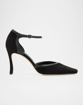 Manolo Blahnik 90mm Verdusan Mixed Leather Ankle-Strap Sandals