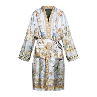 Etro Zijden kamerjas met flora- en fauna-print - Heren - Badjassen - Blauw - M - Polyester - Nachtkleding