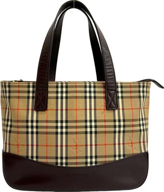 Burberry Beige Brown Leather Canvas Handbag Tote Bag (Pre-Owned)