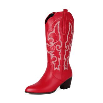 Generic Womens Pull on Mid-Calf Boots Round Toe PU Leather Long Boots Chunky Heel Western Cowboy Boot with Embroidery Stitched,Red,9.5 UK