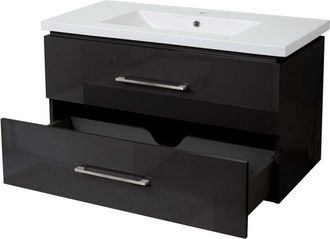 Hhg [nunca Usado] Premium Lavabo + Mueble Bajo Lavabo Hhg-244, Lavabo Lavabo, Alto Brillo 90cm, Negro