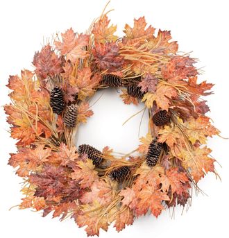 Melrose International Fall Maple Leaf and Pinecone Wreath 26D - Orange, Yellow, Brown