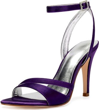 Generic Womens Wedding Bridal Heels Satin Stilettos Heeled Sandals Shoes for Party Evening 10.5Cm,Dark Purple,3 UK