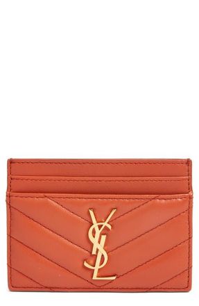 Saint Laurent Cassandra Matelass&eacute; Leather Card Case in Dark Mandarin at Nordstrom
