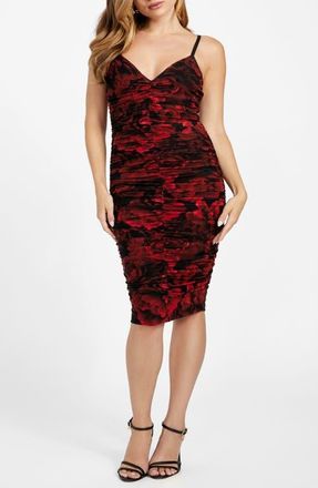 Marciano Passion Flower Ruched Mesh Body-Con Dress in Medium Red at Nordstrom, Size X-Small
