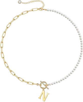 Rachel Glauber Rg 14K Gold Plated Initial Pearl Link Chain Necklace