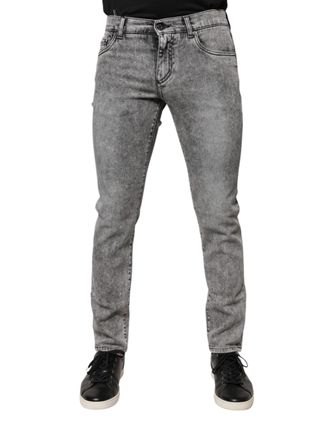 Dolce & Gabbana Mens Gray Logo Plaque Cotton Slim Fit Denim Jeans Elastane Clothing