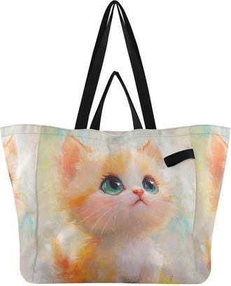 Generic Cat Eyes Beige pattern Reusable Canvas Tote Bag, Heavy Duty Grocery Shopping Bag with Large Capacity Hard Bottom Double Handles Work Groceries Travel