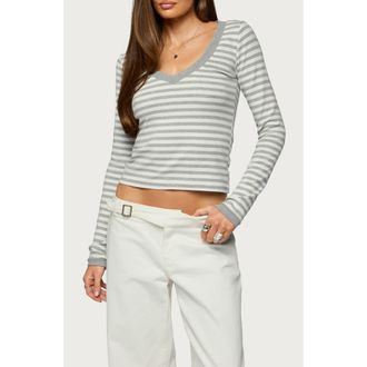 Edikted Kimi Stripe V-Neck Long Sleeve Crop Top in Gray-And-White at Nordstrom, Size X-Small
