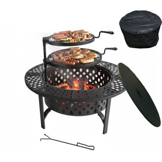 Relaxdays Braciere Relaxdays, &Oslash; 92 cm, 2 griglie regolabili, coperchio, attizzatoio, copertura, per giardino, nero