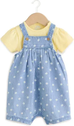 Next Daisy Print Denim Overalls & Cotton Pointelle Bodysuit Set in Yellow/blue at Nordstrom, Size 12-18M