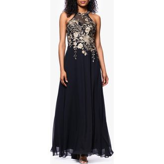 Betsy & Adam Metallic Embroidery Chiffon Gown in Black/Gold at Nordstrom Rack, Size 16