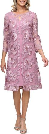 Alex Evenings Sequin Floral Embroidery Mock Jacket Cocktail Dress in Dark Mauve at Nordstrom, Size 14