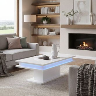 Dmora Mesa De Caf&eacute; Dgandin, Mesita Baja, Revistero, 100% Made In Italy, Cm 100x55h42, Blanco Brillante Con Luz Led - Dmora