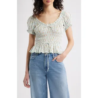 Rails Serena Ditsy Floral Shirred Peplum Top in Peach Peony at Nordstrom, Size Xx-Large