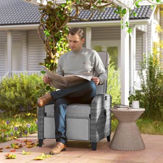 OUTSUNNY Garden Recliner w/ Cushion, Reclining Rattan Chair, Light Grey/Grey in Light Grey