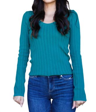 Scala Lace Long Sleeve U-Neckline Top In Emerald