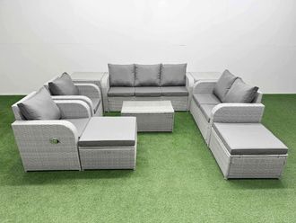 Fimous PE Rattan Garden Furniture Set Adjustable Chair Sofa Double Love Seat 2 Seater Sofa Lounge Set Oblong Coffee Table 2 Big Footstool 2 Side