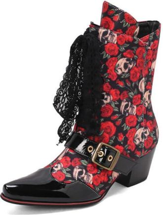 Generic Womens Lace Up Ankle Boots Pointed Toe Buckle Decor Chunky Heels Cushioned Insole Durable Upper Non Slip Outsole Party Evening Casual Dress Shoes,Red,