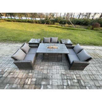 Fimous High Back Rattan Garden Furniture Sofa Sets with Outdoor Furniture Gas Firepit Dining Table Set 2 Side Tables Dark Grey Mixed - Fimous