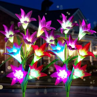 OEM Conjunto De 4 Luces Solares Decorativas Para Jard&iacute;n Con Forma De Flores (16 Lirios Grandes) Con 7 Colores Cambiantes, Para Terraza, Jard&iacute;n O Camino