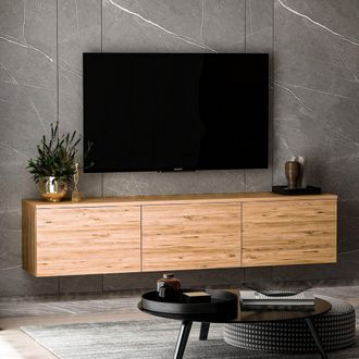 Dmora Mueble Tv Surrigone, 3 Compartimentos, 3 Puertas, Abatibles, 160x32x35h Cm, Marr&oacute;n Roble
