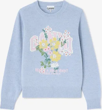Ganni Blue Bonnet Jumper with Flowers - Size XXS Wool
