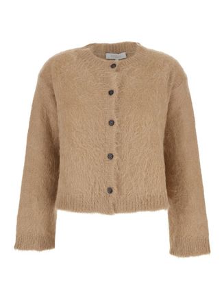Antonelli Marzia Beige Crewneck Cardigan With Ribbed Trims In Wool Woman