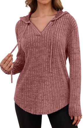 Generic Knit V-Neck Hoodies for Women Ladies Chunky Long Sleeve with Drawstring Waist Button Sweater Tunic Oversized Basic Casual Thermal Tops Pink M