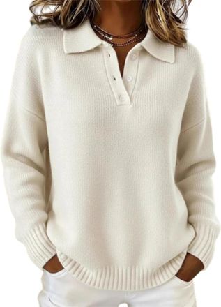 Generic Miss Classic Polo Neck Button-Down Solid Color Sweater Top, Knit Button Shirt V Neck Knitted Fall Winter Tops (White,3XL)