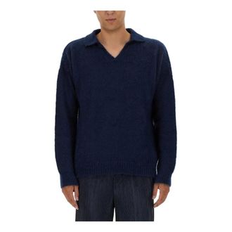 Family Fir$t Milano V-neck Knitwear, male, Blue, Size: L Knitted Polo Sweater