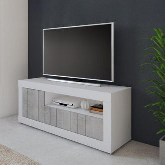 Dmora Mueble Tv Lucino, Puertas Abatibles Y Basculantes, 3 Puertas, 4 Compartimentos, 136.9x41.8x56h Cm Blanco