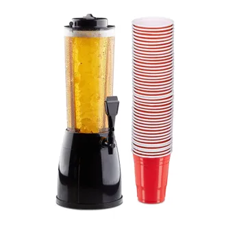 Relaxdays Set De Cerveza De 51 Piezas, Columna Dispensadora De 2,5 Litros, Con Grifo, 50 Vasos Rojos, Vasos Para Beer Pong