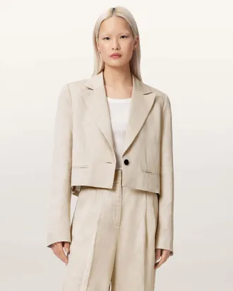 AllSaints Viscose/Linen Helena Single Breasted Cropped Blazer, Size: UK 14/US 10