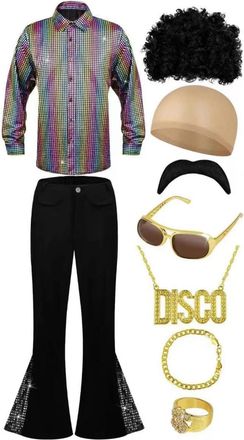 Generic 70s Fancy Dress Mens Flares 70s Shirts for Men, Abba Costume Men with Wig, Fake Mustache, 70s Glasses, Disco Outfit Men for 60s 70s Cosplay Halloween 