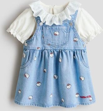 H&M 2-piece Dungaree Dress And Top Set in Light Denim Blue/hello Kitty at Nordstrom, Size 12M