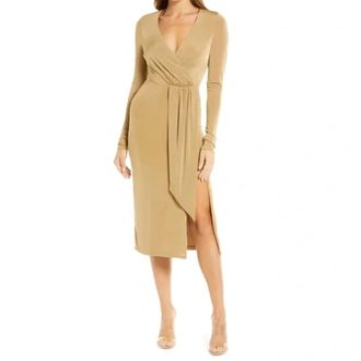 Good American Shimmer Long Sleeve Faux Wrap Midi Dress In Gold