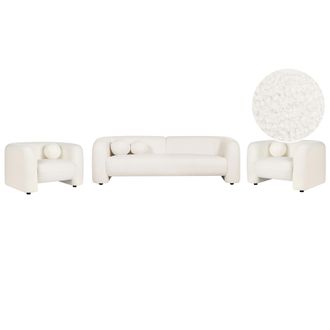 Beliani Conjunto De Sala De Estar 5 Plazas Sof&aacute; Y 2 Sillones Moderno Con Cojines Extra De Boucl&eacute; Blanco Leiren