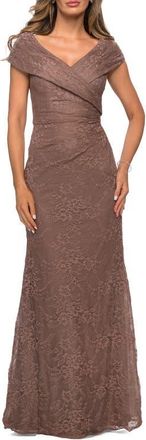 La Femme Lace Off The Shoulder Cap Sleeve Evening Dress in Cocoa at Nordstrom, Size 12