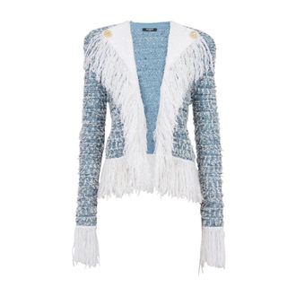 Balmain Tweed Jackets, female, Blue, S, V-neck Fringed Edge Tailored Jacket
