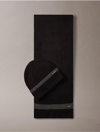 Calvin Klein Mens Striped Hat and Scarf Gift Set - Black - OS