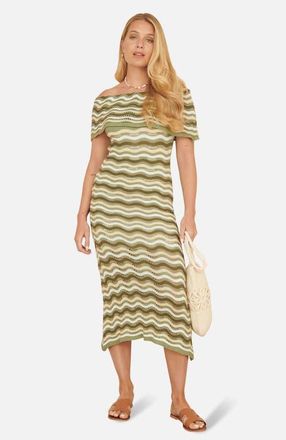 Yumi Stripe Crochet Knit Bardot Midi Dress in Green at Nordstrom, Size Medium