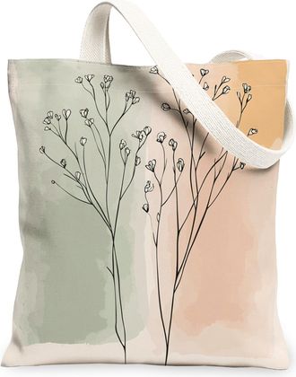 Generic Spring Gypsophila Flower Canvas Tote Bag for Shopping 13x15, Retro Mid Century Florals Reusable Grocery Print Bag for Women, Fun Funky Beach Aesthetic