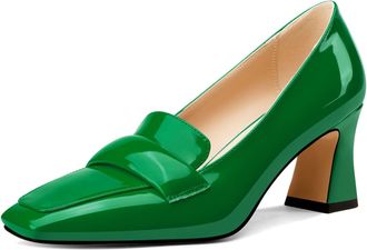 Castamere Womens Chunky Block Mid Heel Square Toe Pumps Court Shoe Slip-on Office Dress Patent Leather Loafers Shoes 7 CM Heels Green 10.5 UK