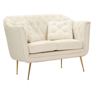 Dmora Sof&aacute; Fijo 2 Plazas Diskit, Efecto Terciopelo Acolchado, Cojines Incluidos, Brazos, 130x83x91h Cm Blanco Crema