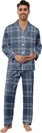 Generic Mens Plaid Button Front Pajamas Set Pjs Comfort Soft Lounge 2 Pieces Sleepwear Top with Pockets