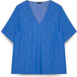 Fiorella Rubino Viscose Blouse met Lichte Stippen - Dames - Blouses - Blauw - 2XL - Polyester - Overhemden