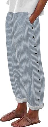 Generic Women Wide Leg Pant Leisure Straight Baggy Trouser Womens Cotton And Linen Striped Elastic Waistband High Waistband Pocket Pants Side Buttons Nine Poi